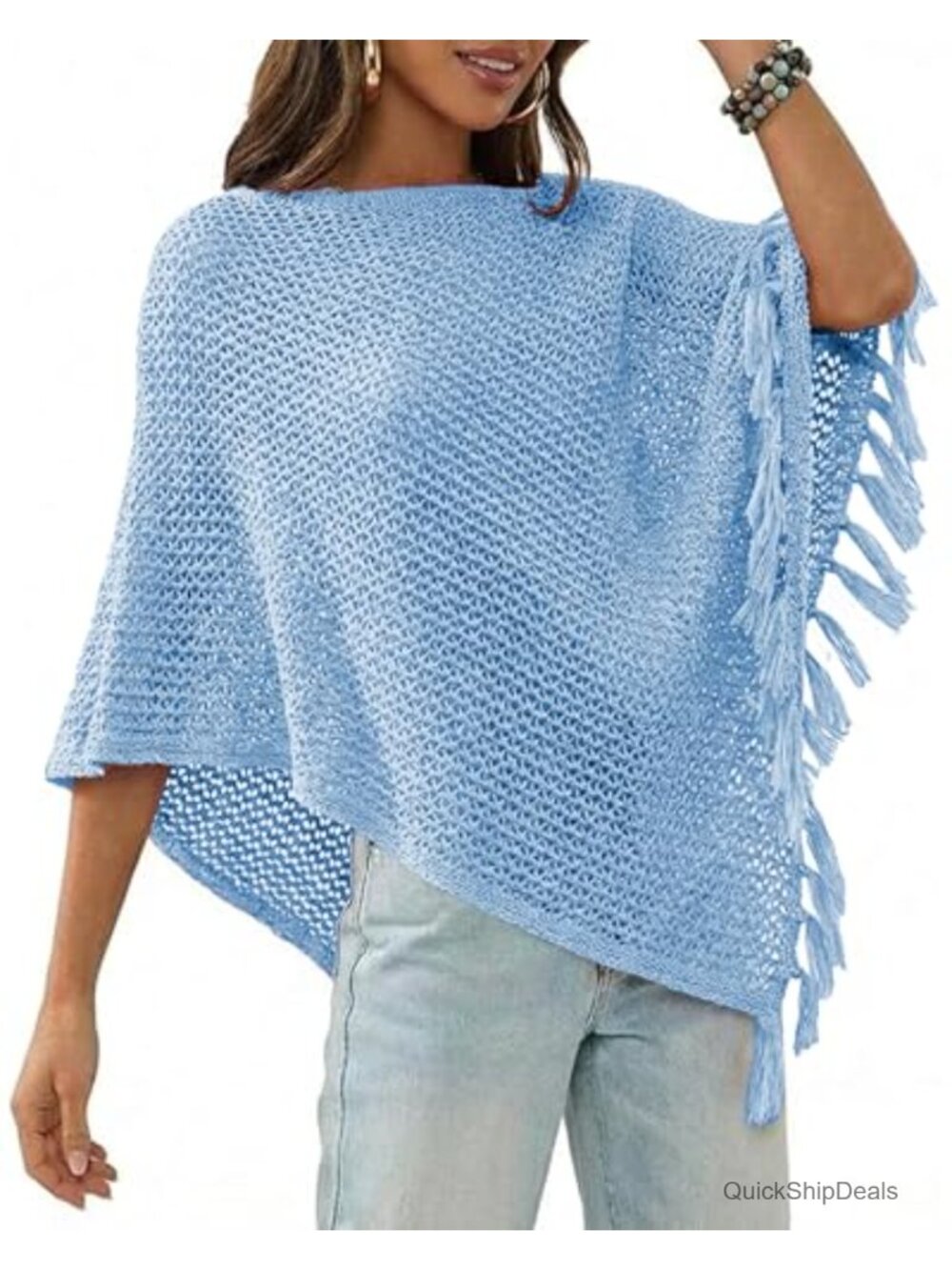 Women's Sheer Poncho Top Lightweight Crochet Fringe Shawl Wrap